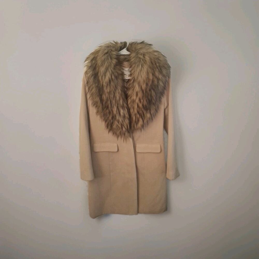 Donna Salyers Fabulous-Furs Coat Faux Fur Collar Size Small Trench Coat Style